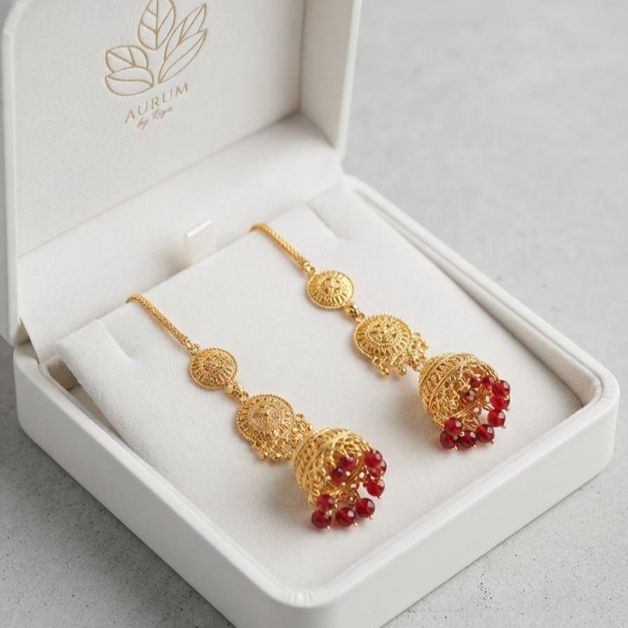 Royal Gold Plated Layered Jhumka Earrings - Traditional Pakistani Indian Bridal Earrings with Red Beads & Bahi Chain
